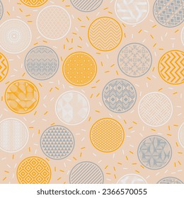 Retro wrapping paper swatch geometric endless pattern. Circle shapes with oriental abstractions inside. Asian geometry in circles. Mottled texture background. Candy packaging design.