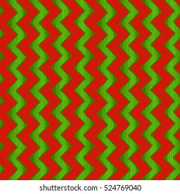 Retro wrapping. Seamless pattern of  zigzag parallel lines. Vector illustration in ink hand drawn style. Red and green traditional Christmas colors.