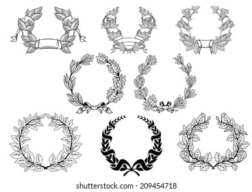 Retro wreath set with christmas, laurel, oak and platanoides in black color isolated on white background. For anniversary, jubilee, sports or logo design