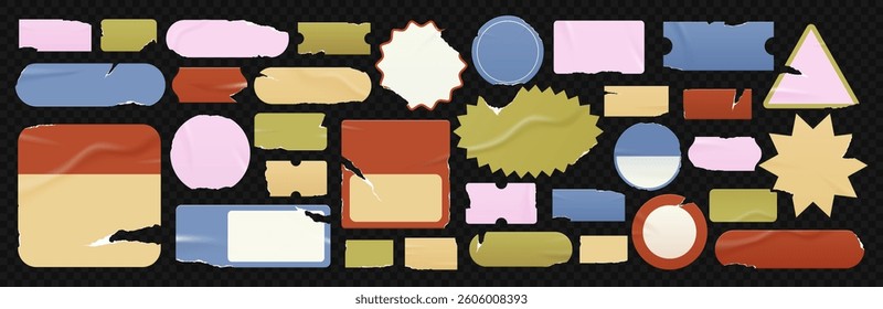 Retro wrinkled and distressed blank old labels. Vintage sticker, starburst, or sunburst badges, price tags in grunge style. Collage various clipping promotional elements with paper edge ripped.