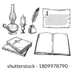Retro writing set. Isolated flat old writing accessories sketch collection. Retro ink, antique feather pen, quill, inkwell, paper with text, book, candle, kerosene lamp. Literature vector illustration