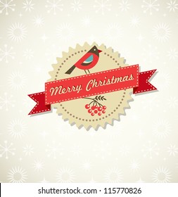 Retro Xmas background with bird, label, ribbon and snowflake