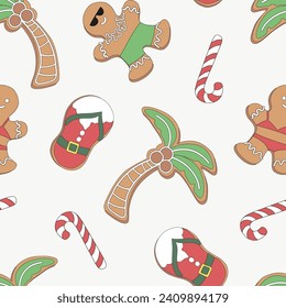 Retro Xmas bakery beachy gingerbread in swimsuit palm tree Santa flip flops candy cane vector seamless pattern. Groovy tropical summer Christmas background.