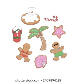 Retro Xmas bakery beachy gingerbread in swimsuit palm tree Santa flip flops melted snowman cookie vector illustration set isolated on white. Groovy tropical summer Christmas print.