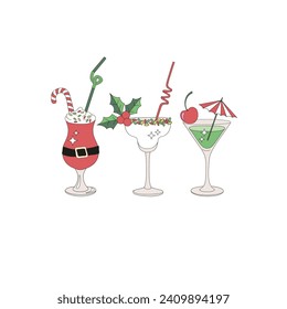 Retro Xmas New Year party cocktails holiday celebration vector illustration isolated on white. Groovy tropical summer Christmas print.