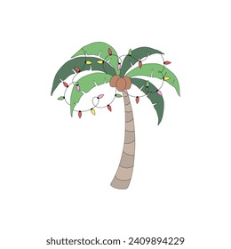 Retro Xmas palm tree with garland ornaments vector illustration isolated on white. Groovy tropical summer Christmas print.