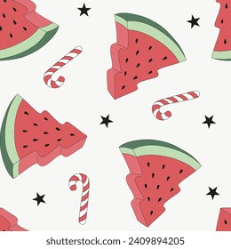 Retro Xmas tree shape watermelon and candy cane vector seamless pattern. Groovy tropical summer Christmas background.