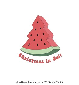 Retro Xmas tree shape watermelon vector illustration isolated on white. Christmas in July phrase. Groovy tropical summer Christmas print.