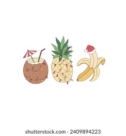 Retro Xmas tropic coconut cocktail and fruits pineapple with garland banana in Santa hat vector illustration isolated on white. Groovy tropical summer Christmas print.