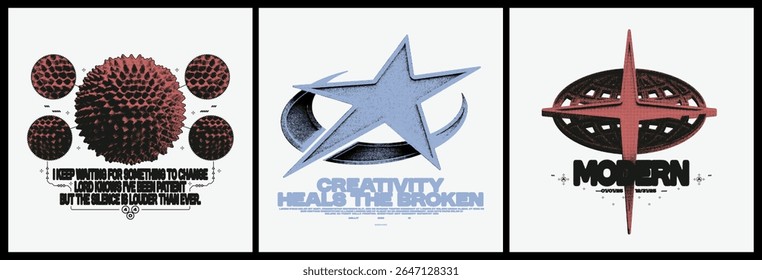 Retro Y2K 3D print collection. Spiky sphere, star logo and futuristic planet shapes with grainy texture, wireframe and grunge silkscreen. Vector set