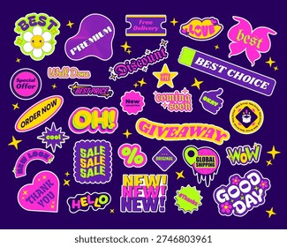 Retro Y2K bright sticker pack. Acid groovy aesthetic. Shopping sales. Funky vibe. Positive phrases. Badges labels. Emblems tag set. Bold typography. Flat vector illustration. Decorative elements