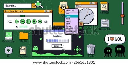 Retro y2k computer desktop interface - nostalgic internet windows of music player, clock widget, loading bars and pixelated icons for vintage web aesthetic, digital collage and millennium era design