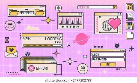 Retro Y2K computer window page and interface screen in pixel, art, vector, background. 8 bit retro and 90s Y2K computer display windows of internet browser tabs with loading bar and error message box