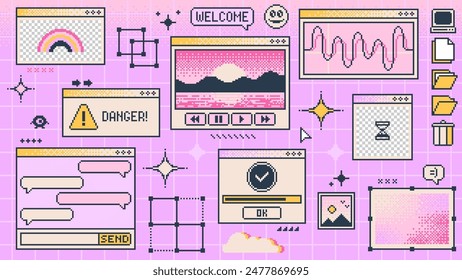 Interfaz de página de ventana de computadora y2k retro. Vector pc desktop con carpetas, barra de carga, error de programa, App de chat, chispas, navegador e íconos de menú. Fondo de pantalla rosa Rave en el viejo estilo estético de la década de 2000