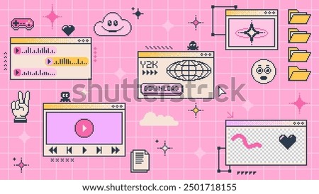 Retro y2k computer window page interface, vector UI. Pixel art old web browser and desktop pc screen windows, smile, cloud and spider emojis, message boxes, folders and files, aesthetic stars, arrows