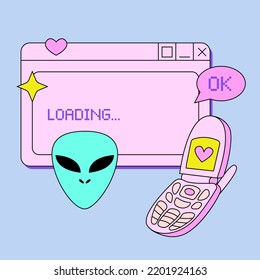 Retro y2k digital screen user interface with flip phone, pixel words, alien face, heart and star. Vector illustration on isolated background. Old computer window in retrowave 90s, 00s style