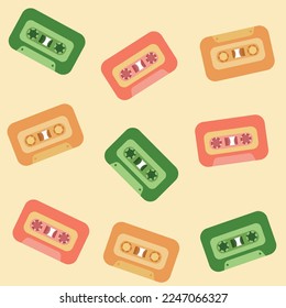 Retro y2k disco cassettes seamless pattern in pastel colors. Radio audio records diverse old music.