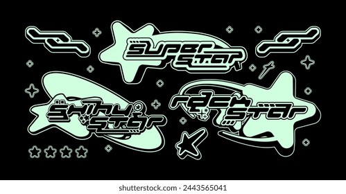 Retro Y2K elements. Abstract brutalism graphic with star, streetwear t-shirt slogan typography style logo. Vector set
