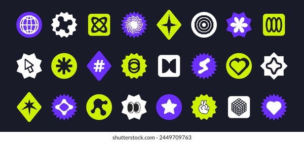 Retro y2k elements for design. Set of modern stickers with globe, heart, pointer, star. Trendy geometric graphic elements. Vector illustration.