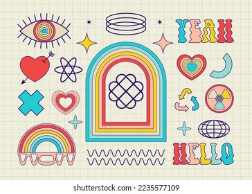 Retro y2k elements set. Collection of groovy psychedelic futuristic elements for design. Brutalism shapes, minimalist geometric elements, abstract bauhaus forms.