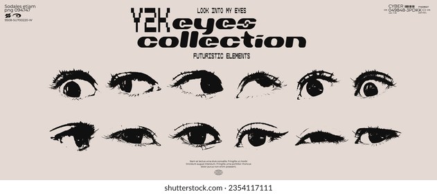 Retro y2k eyes, futuristic elements for design. Big collection of abstract graphic geometric symbols and objects in grunge style