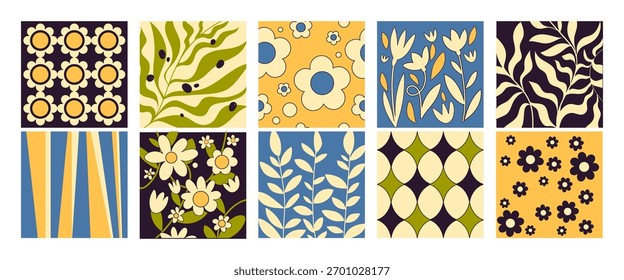 Retro y2k floral groovy pattern set with daisy flowers, leaf motifs and geometric backgrounds. Stripes, botanical elements and cute blooms by vintage aesthetic. Seamless decorative collection.
