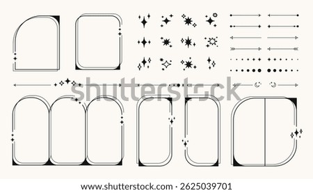 Retro y2k frames, symbols and shapes, futuristic abstract frames and symbols with arrows, blinking stars and moon. Vector design elements set.