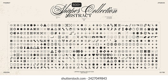 Retro Y2K futuristic 500 elements for design. Big collection of abstract graphic geometric symbols and objects. Templates for notes, posters, banners, stickers, business cards, logo