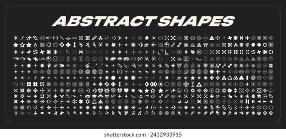 Retro Y2K futuristic 500 elements for design. Big collection of abstract graphic geometric symbols and objects. Templates for notes, posters, banners, stickers, business cards, logo