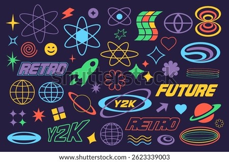 Retro y2k futuristic elements set in flat graphic design. Collection isolated 2000s symbols of colourful groovy stars, lightnings, atoms, cosmic rocket, planets, other shapes. Vector illustration.