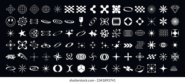 Retro Y2K futuristic elements vector graphic assets set. Bold modern shapes objects in y2k style.