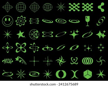 Retro Y2K elementos futuristas activos gráficos vectoriales establecidos. Objetos de formas modernas y audaces al estilo y2k.