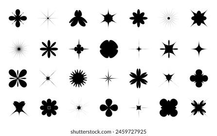 Retro y2k futuristic sparkle star flowers icons collection. Set of geometric brutalist shapes. Abstract modern black silhouettes of figures. Templates for design, posters, banners and business cards.