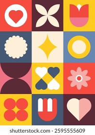 Retro Y2K Geometric Floral and Heart Poster.