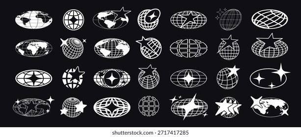 Logotipo globo Y2K retro. Gráficos mínimos dos anos 2000 e 70 com cartazes holográficos com estrelas e formas groovy para emblema global, banner decorativo elementos vetoriais isolados.