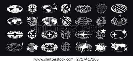 Retro Y2K globe logo. Minimal 2000s and 70s graphic with holographic posters with stars and groovy forms for global badge, decorative banner isolated vector elements.