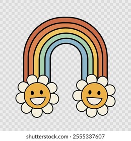 Retro y2k groovy colorful rainbow with daisies, rainbow between two cheerful flowers - characters. Isolated vector characters in retro style 70s love, joy, fantasy