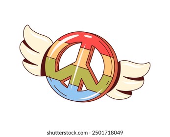 Retro y2k groovy hippie peace sign. Vector vintage rainbow color world peace symbol with angel wings. Funky psychedelic groovy symbol of balance, harmony and unity for trendy hippy sticker, tattoo