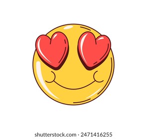 Retro y2k groovy love emoji with red heart-shaped eyes. Isolated cartoon vector bright yellow emoticon embodying a joyful and loving expression, conveying feelings of love, affection and happiness