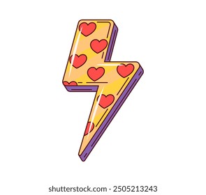 Retro y2k groovy love flash. Vector retro lightning bolt, embellished with red hearts, on a yellow background, displaying a nostalgic and cheerful high-energy vibe of love and vibrant positive energy