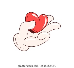 Retro Y2K groovy love heart in hand, cartoon comic art for Valentine day, vector icon. Groovy heart gift in retro cartoon animation style for love emotion sticker or wedding and marriage design