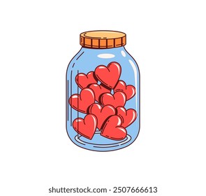 Retro y2k groovy love multiple red hearts stored inside a transparent glass jar. Vector symbol of affection, relationship, emotional abundance, romantic Valentine Day or expressing heartfelt emotions