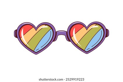 Retro y2k groovy love sunglasses. Isolated vector hippie style eyeglasses with heart shaped frames and rainbow tinted lenses. Funny eyewear embodying the free-spirited essence of funky hippy culture