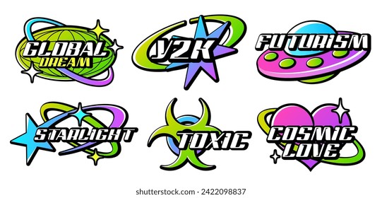 Retro Y2K logo. Acid gradient colorful lettering logos for shirt, streetwear. Sticker, badges, slogan typography vector icon design illustration with star, heart, planet earth. Futuristic elements.