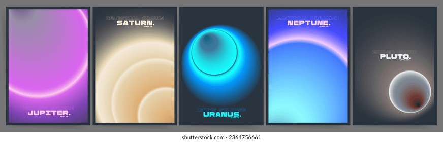 Retro Y2K Neon Space Gradient Backgrounds Set.  Futuristic Celestial Planets and Holographic Rings. Abstract Gradient Posters with Cosmic Pulsar Elements. Minimal Cyberpunk Templates for Banners.