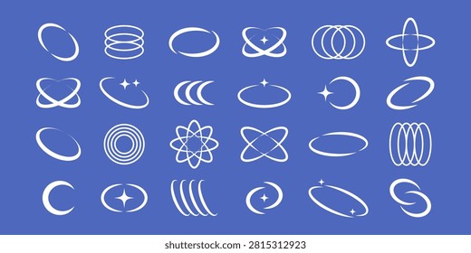 Retro Y2K orbital icon set featuring neon wireframe shapes for futuristic millennium aesthetic design