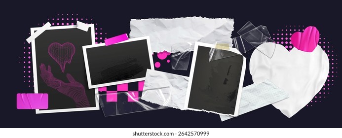 Retro y2k photo collage with instant foto frames, pink tape and paper textures - nostalgic mood board elements for digital scrapbook design, aesthetic wall art and vintage memory album creation style.