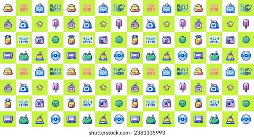 Retro Y2K Pixel Art Seamless Pattern. Cats, Frogs, CD Players, and Ice Cream - 8 Bit Vector Design for Kids Wallpaper and Summer Decor.