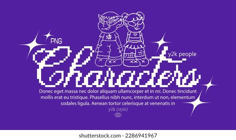 Retro y2k pixel art typography poster with 2000s characters. poster boy and girl in futuristic cyberpunk style. male and female mascot