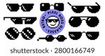Retro Y2K pixel sunglasses pack. Black 8bit glasses, internet culture elements and pixel art icons. Vector sticker set for gaming, social media, avatars, memes, digital fashion and retro tech projects